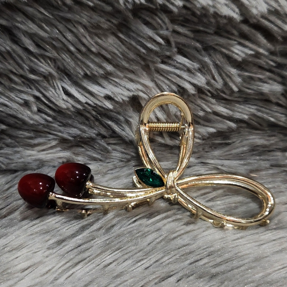Gold Cherry Hair Claw Clip with Green Accent